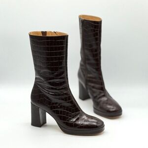 MIISTA Carlota Croc Embossed Leather Boots Womens 39 Dark Brown Block heel